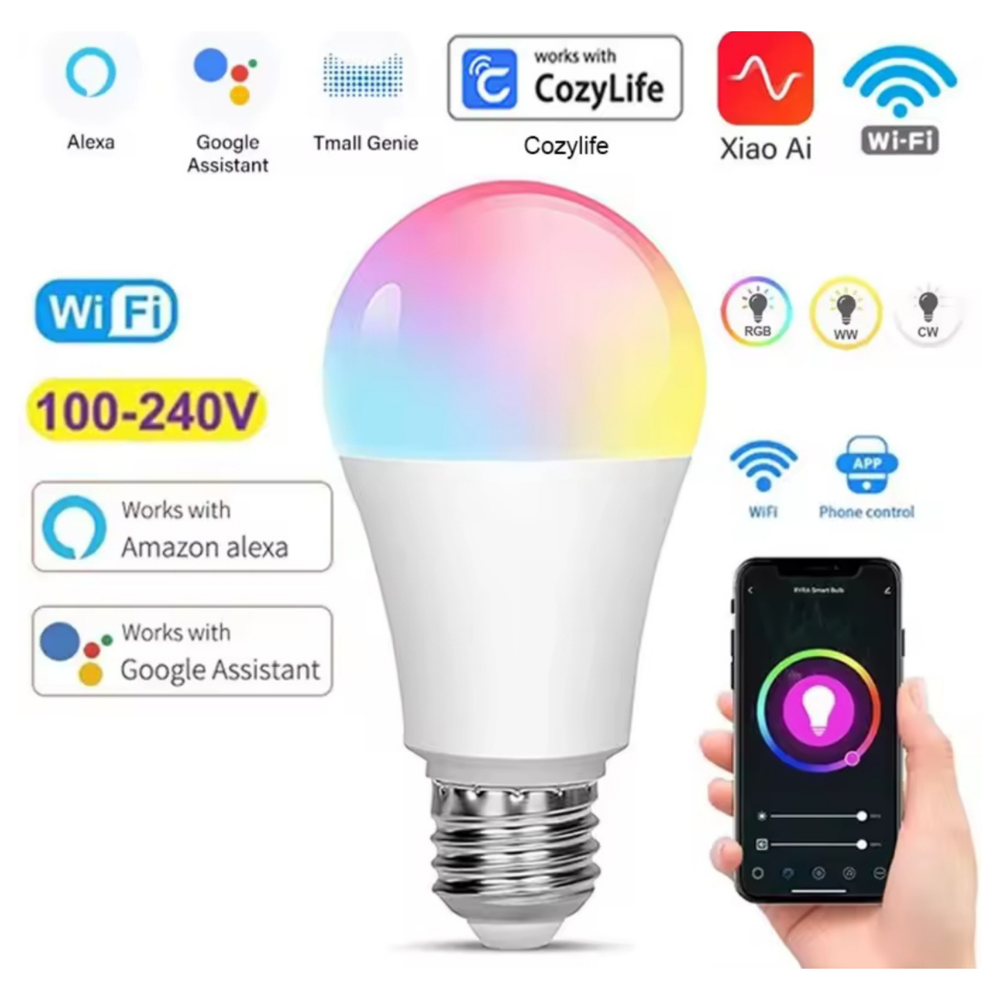 Foco Inteligente WiFi LED RGBCW Dimmable - Control por Voz, Compatible con Alexa y Google Home