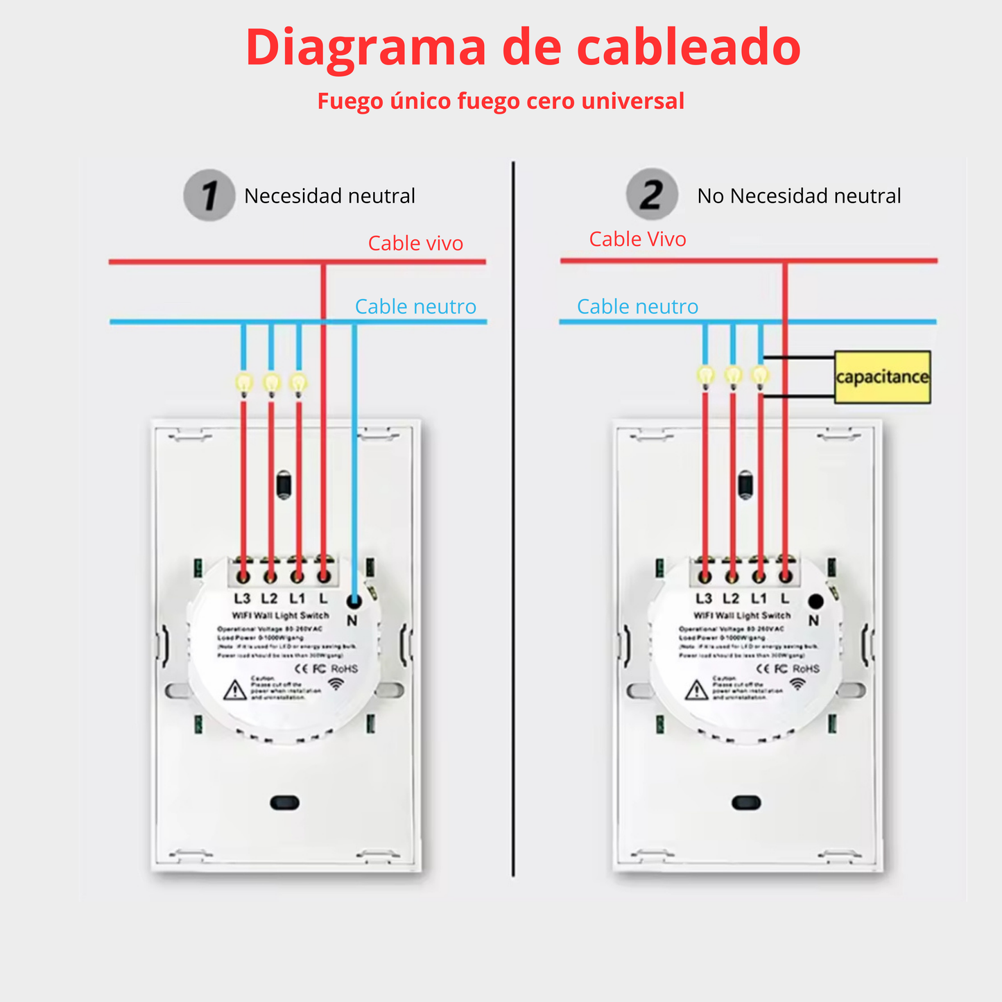 Interruptores inteligentes con WiFi y Bluetooth, No requiere cable neutro, 1/2/3/4 entradas, Interruptor táctil, funciona con Alexa y Google Home, Tuya US